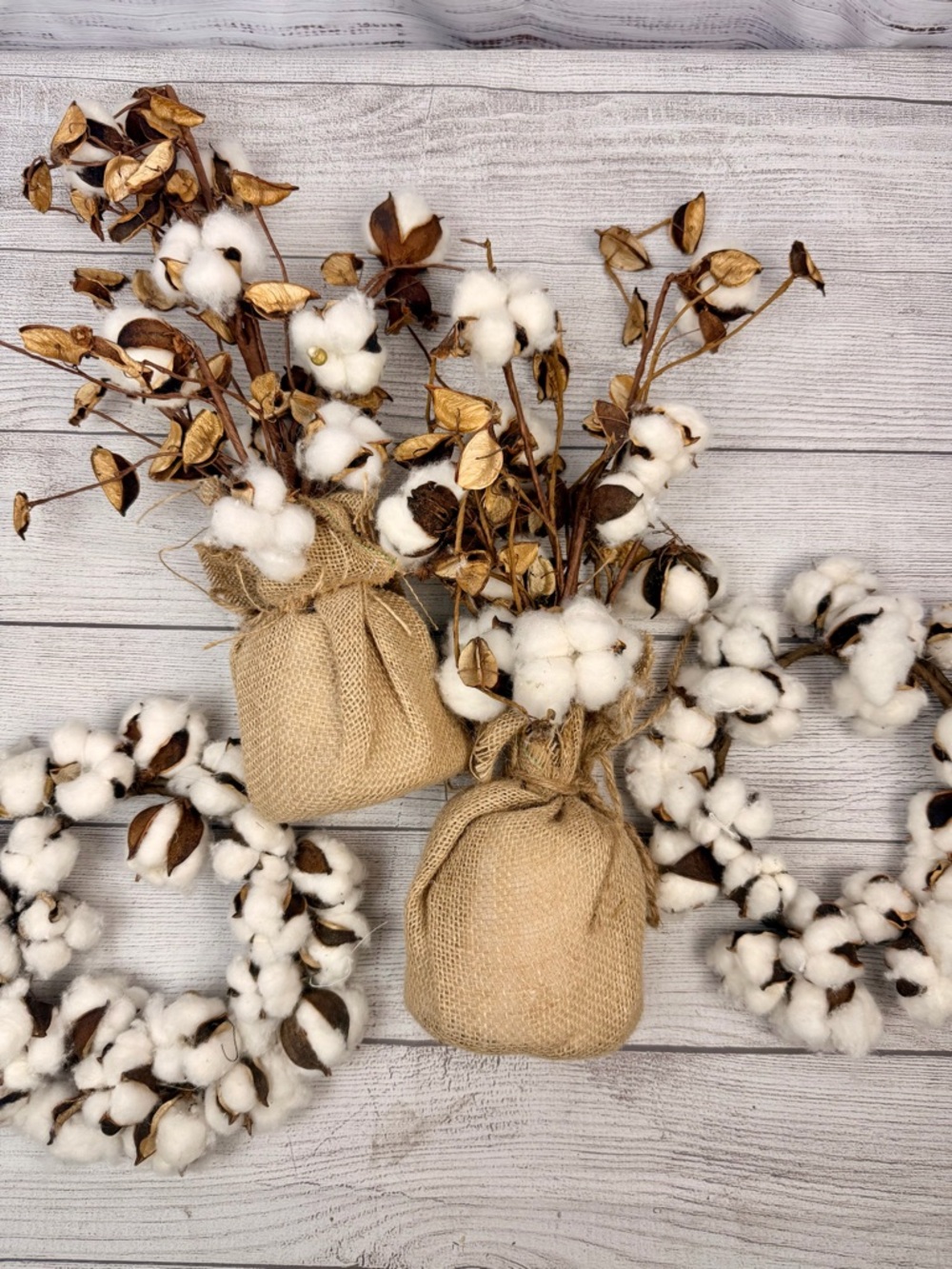 Natural Cotton Boll Stems & Wreath Set with Burlap Sacks
